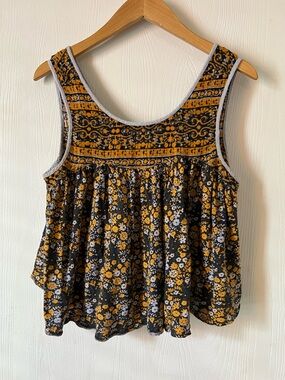 Free People Tank Top Lucky Coin Cropped Babydoll Floral Linen Blend Women Sz M